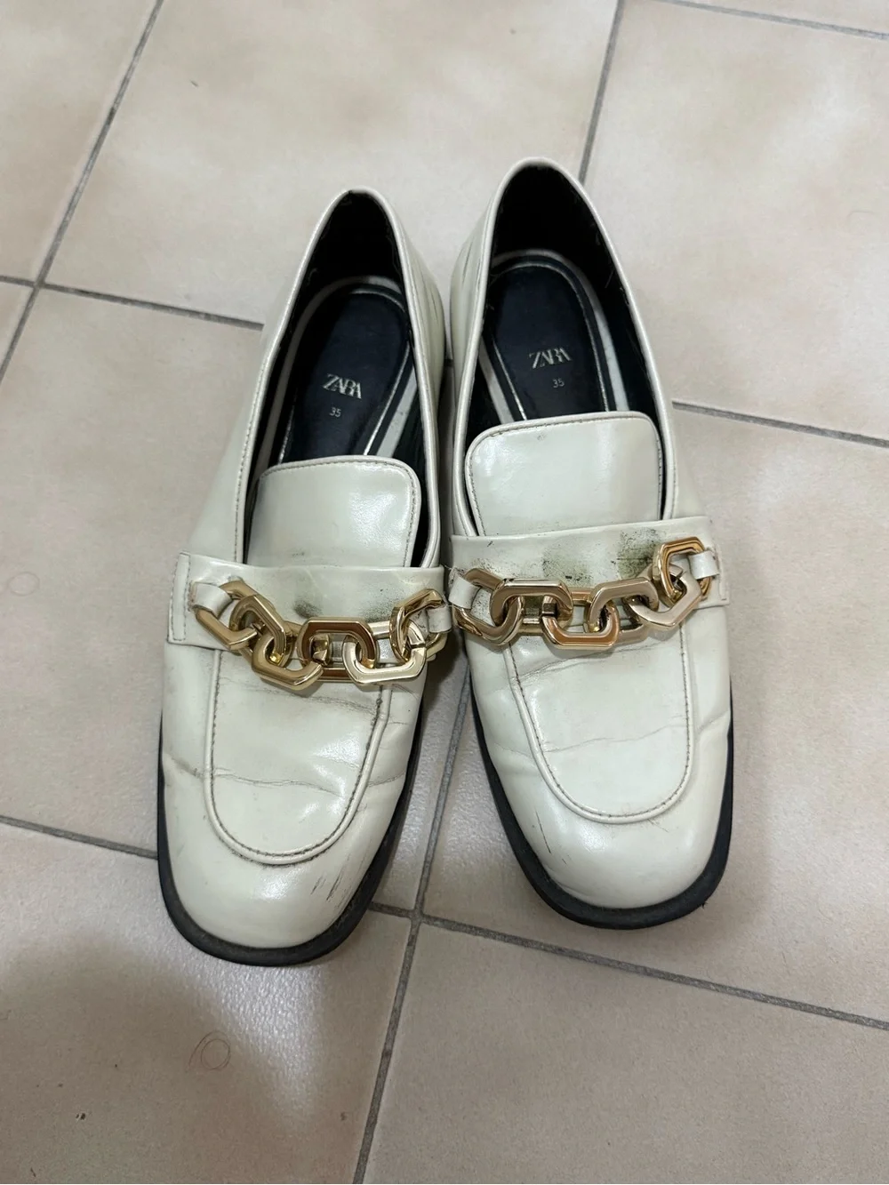 Zara Cream Loafers with Gold Chain Accent